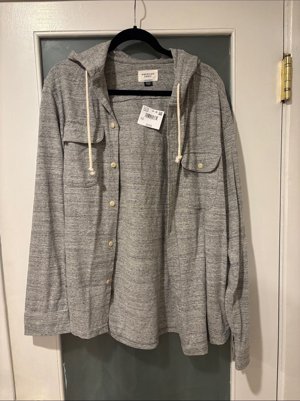 American Eagle Outfitters Gray Hooded Button-Up Shirt Jacket